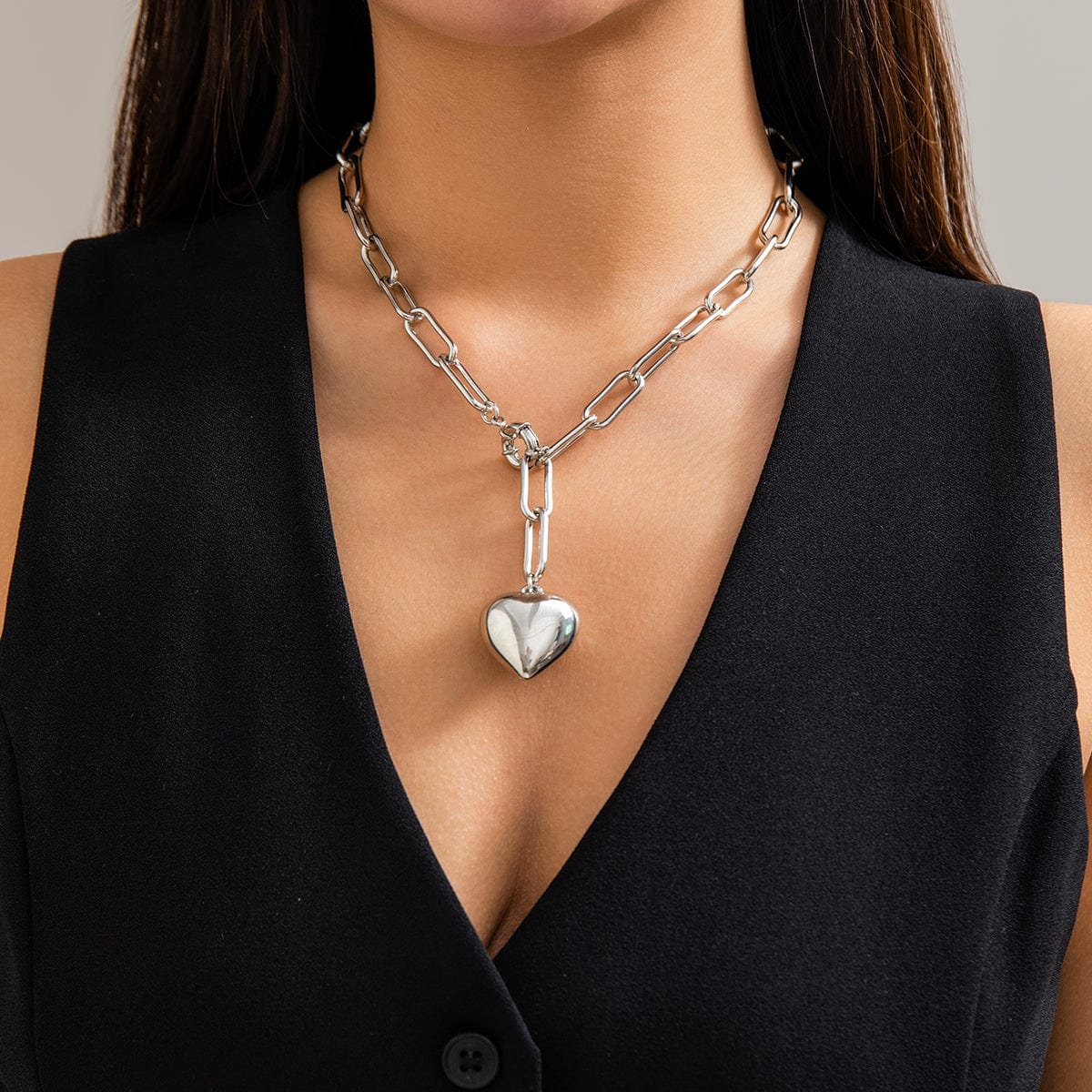 Trendy Chunky Heart Pendant Cable Chain Necklace - ArtGalleryZen