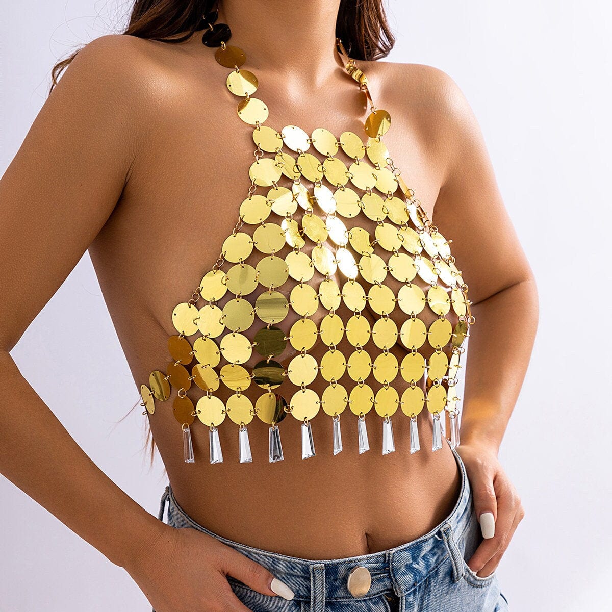 Sparkly Backless Halter Bra Crop Top Glitter Tassels Body Chain for Women