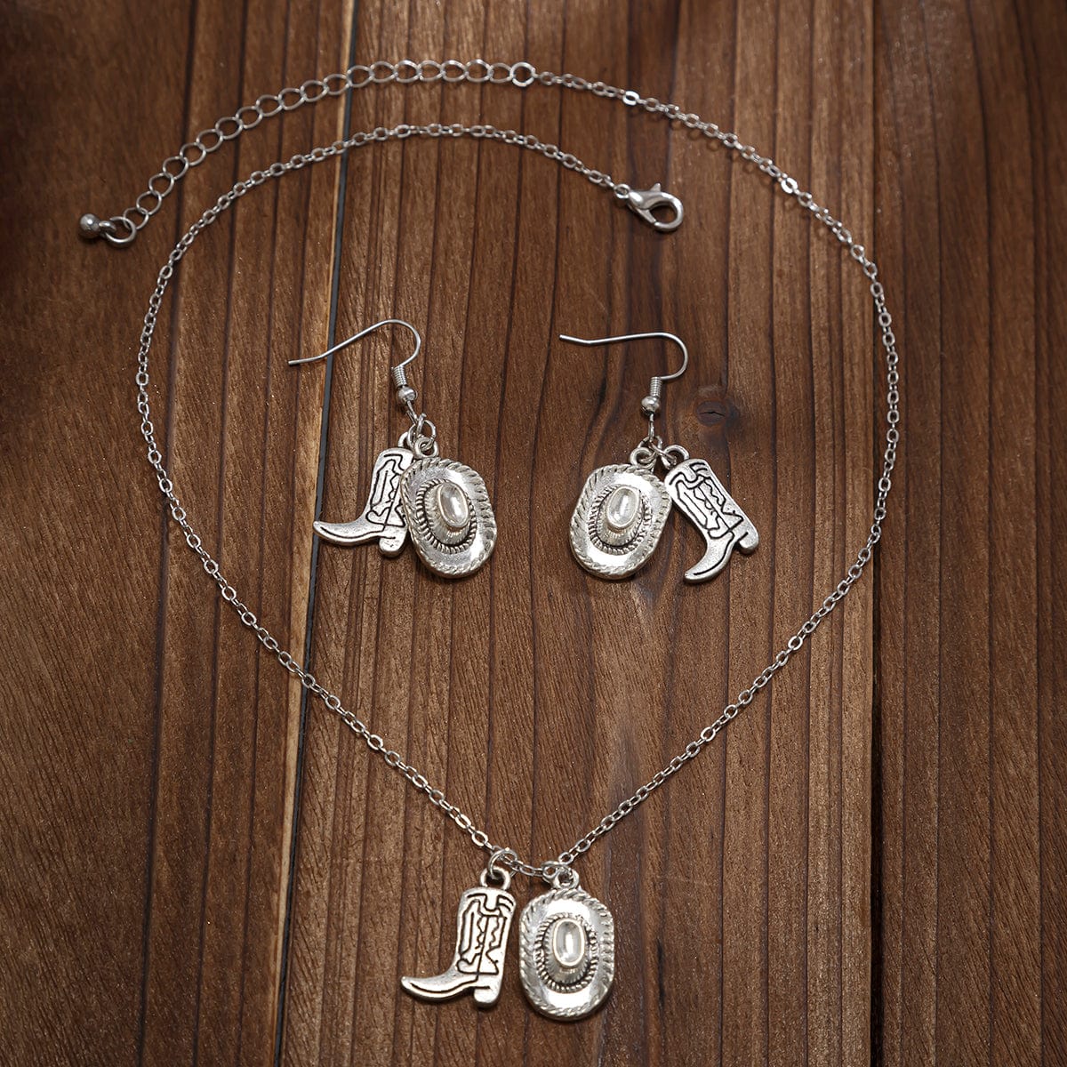 Trendy Cowboy Hat Boot Pendnat Necklace Earrings Set - ArtGalleryZen