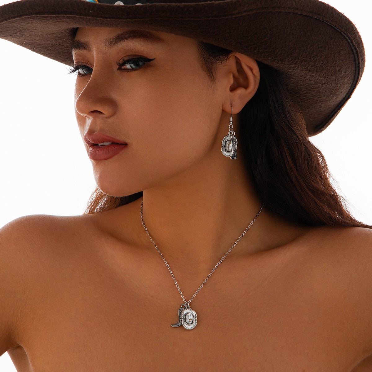 Trendy Cowboy Hat Boot Pendnat Necklace Earrings Set - ArtGalleryZen