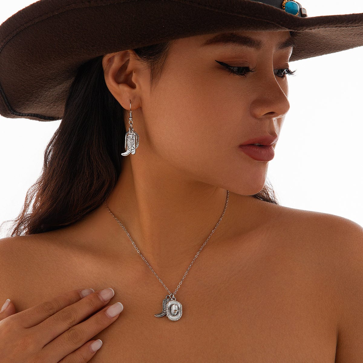 Trendy Cowboy Hat Boot Pendnat Necklace Earrings Set - ArtGalleryZen