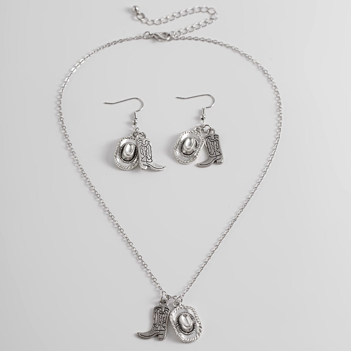 Trendy Cowboy Hat Boot Pendnat Necklace Earrings Set - ArtGalleryZen