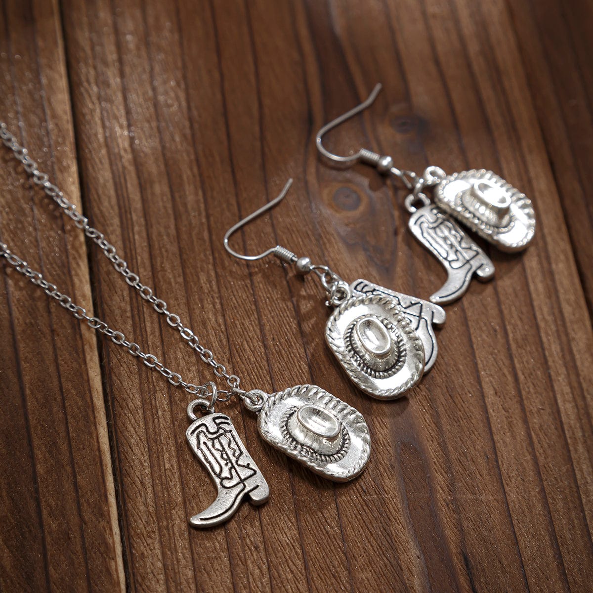 Trendy Cowboy Hat Boot Pendnat Necklace Earrings Set - ArtGalleryZen