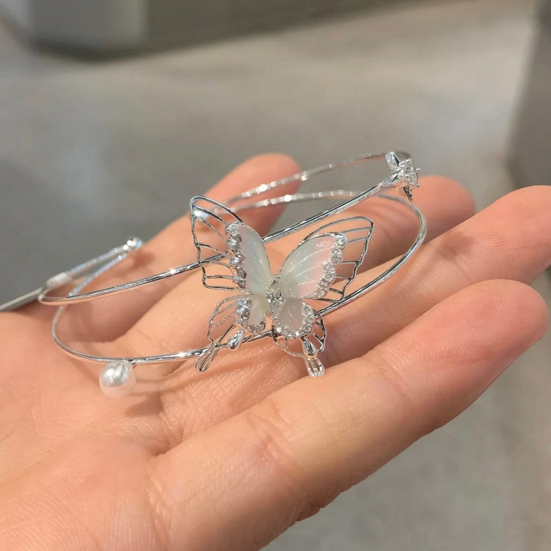 Trendy Crystal Inlaid Enamel Butterfly Pearl Charm Bangle Bracelet - ArtGalleryZen