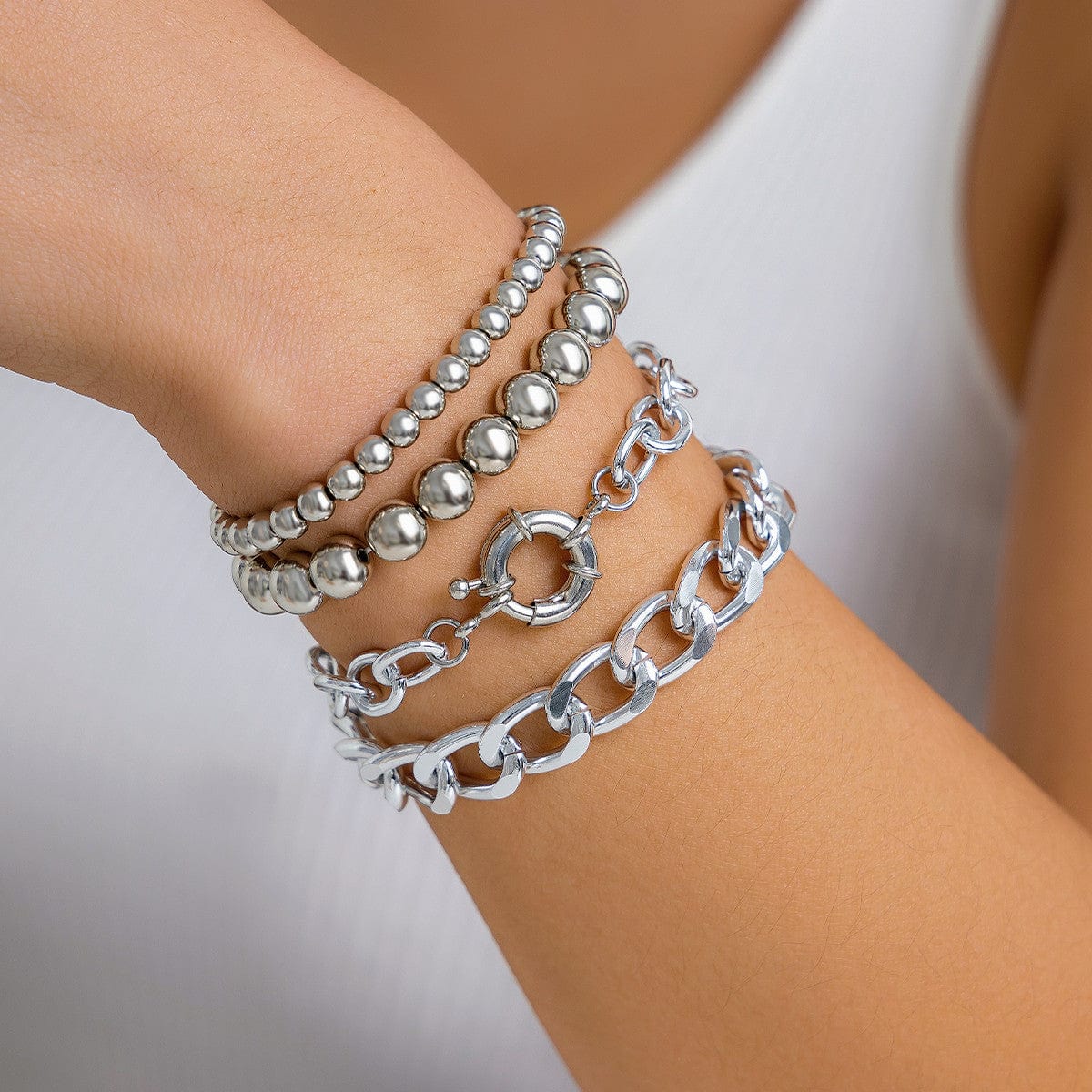 Trendy Curb Link Ball Chain Stackable Bracelet Set - ArtGalleryZen