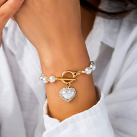 Thumbnail for Trendy CZ Inlaid Heart Charm Toggle Clasp Pearl Chain Bracelet - ArtGalleryZen