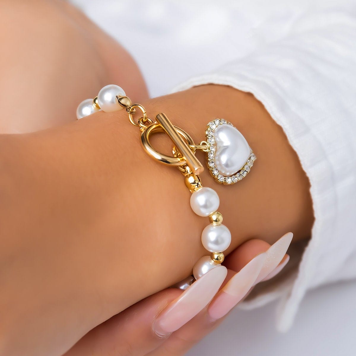 Trendy CZ Inlaid Heart Charm Toggle Clasp Pearl Chain Bracelet - ArtGalleryZen
