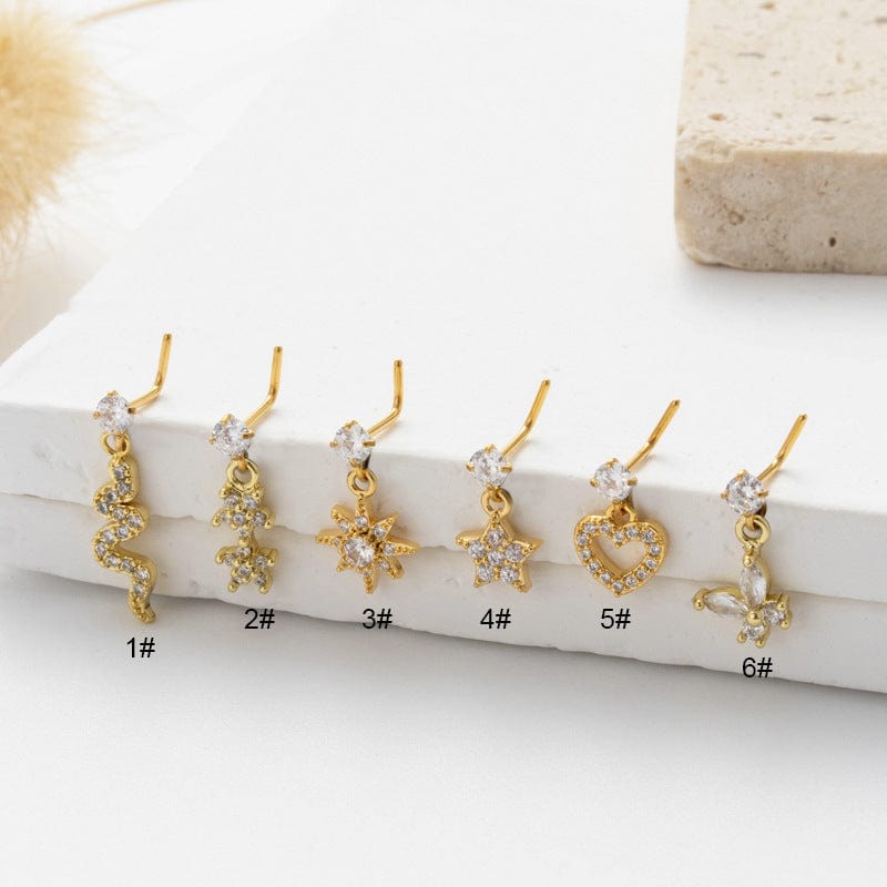 Trendy CZ Inlaid Snake Heart Butterfly Dangle Stainless Steel Nose Piercing Nose Stud - ArtGalleryZen