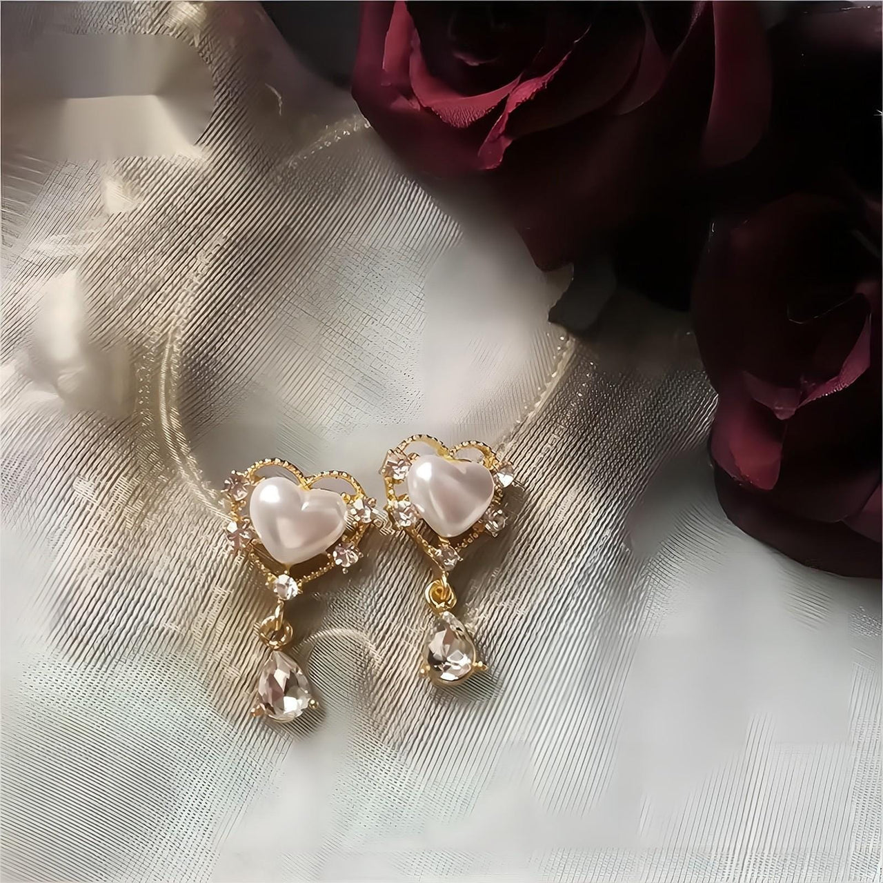 Trendy Dangling Rhinestone CZ Inlaid Pearl Heart Earrings - ArtGalleryZen