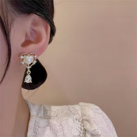 Thumbnail for Trendy Dangling Rhinestone CZ Inlaid Pearl Heart Earrings - ArtGalleryZen