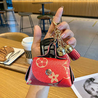 Thumbnail for Trendy Flower Plaid Tassel Leather Coin Purse Mini Keychain Bag - ArtGalleryZen