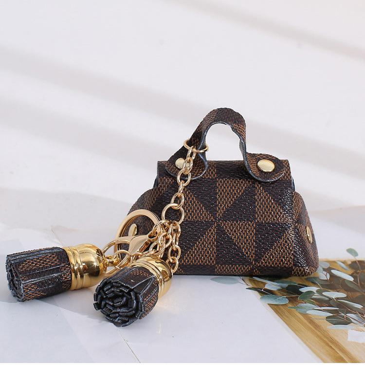 Trendy Flower Plaid Tassel Leather Coin Purse Mini Keychain Bag - ArtGalleryZen