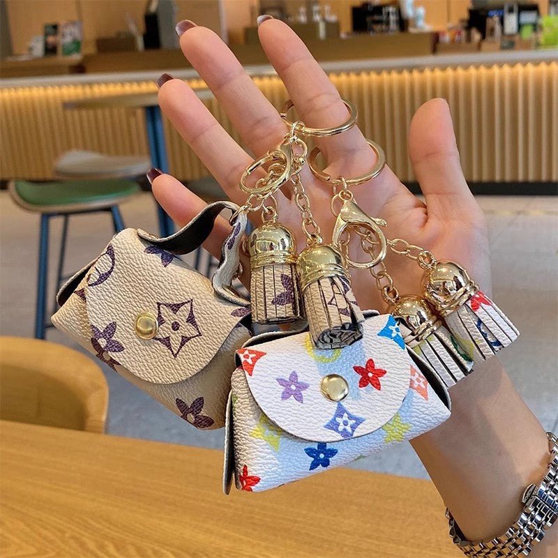 Trendy Flower Plaid Tassel Leather Coin Purse Mini Keychain Bag - ArtGalleryZen