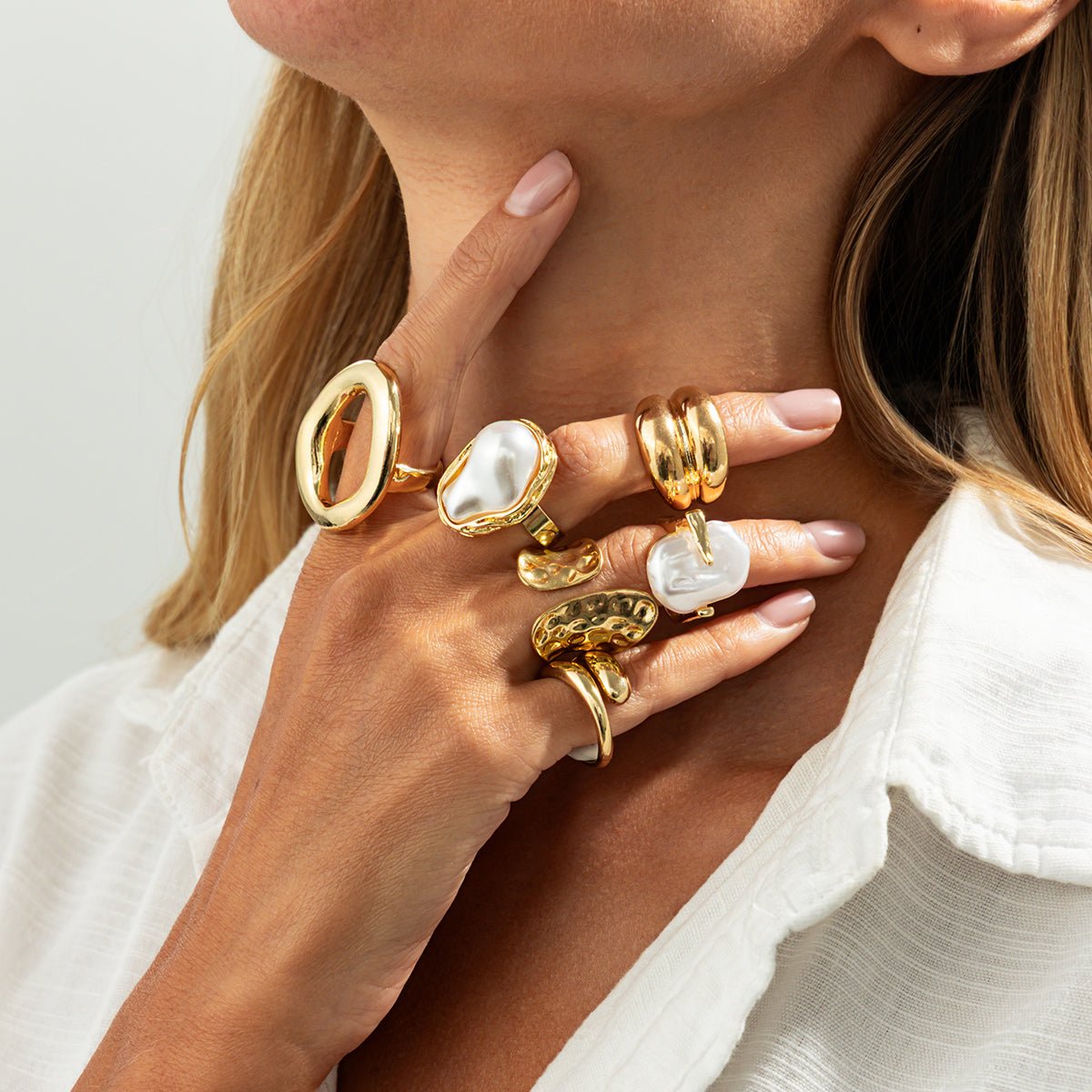 Trendy Gold Tone Irregular Pearl Hoop Waterdrop Ring Set - ArtGalleryZen