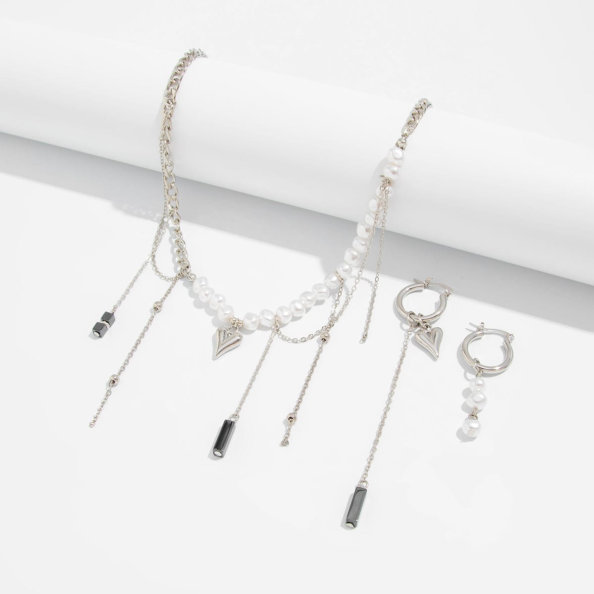 Trendy Heart Black Gallstone Tassel Pearl Curb Chain Necklace Earrings Set - ArtGalleryZen