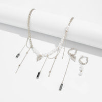 Thumbnail for Trendy Heart Black Gallstone Tassel Pearl Curb Chain Necklace Earrings Set - ArtGalleryZen