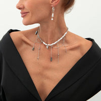 Thumbnail for Trendy Heart Black Gallstone Tassel Pearl Curb Chain Necklace Earrings Set - ArtGalleryZen