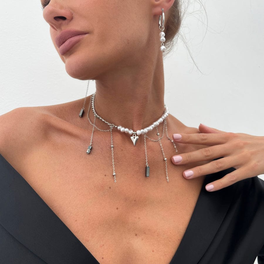 Trendy Heart Black Gallstone Tassel Pearl Curb Chain Necklace Earrings Set - ArtGalleryZen