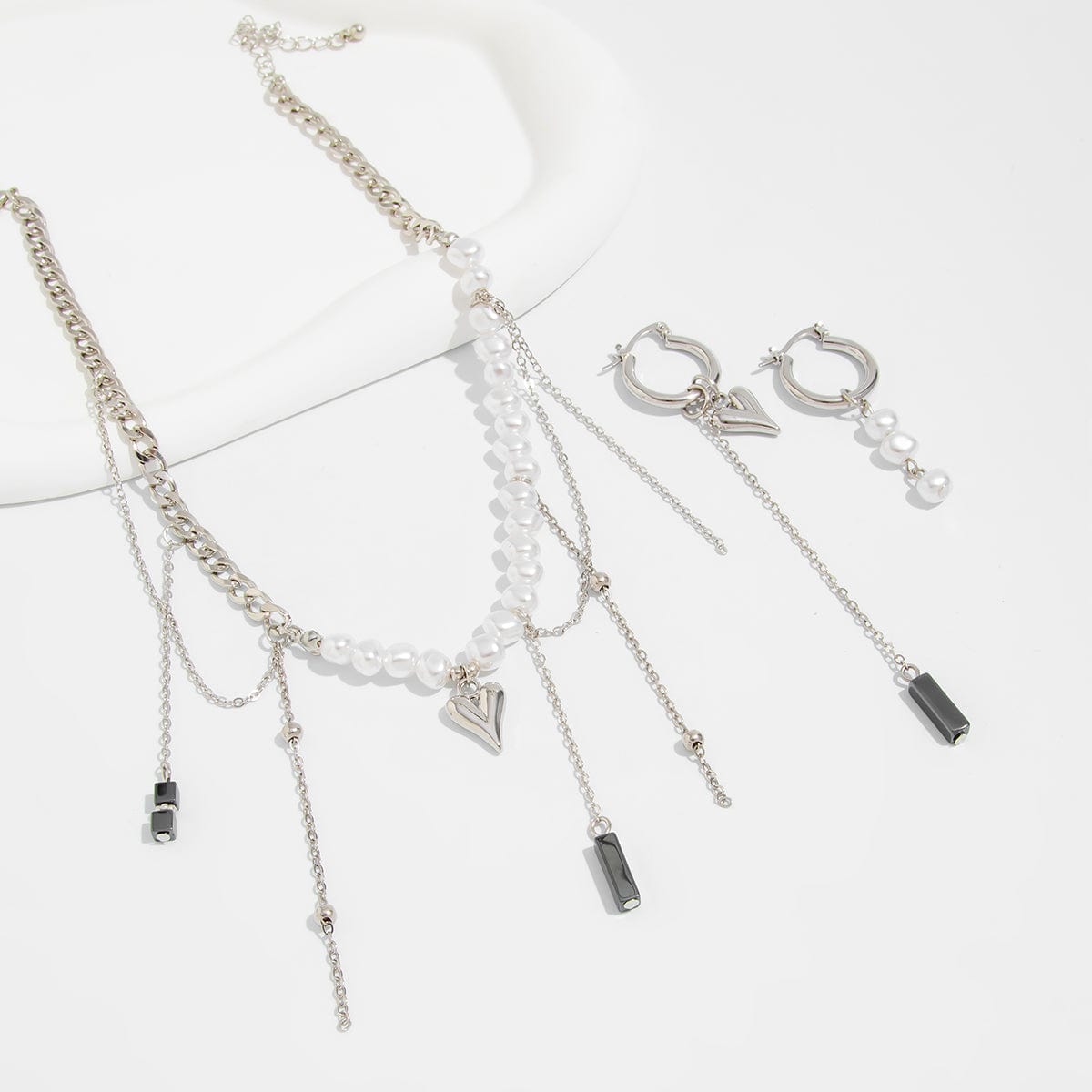 Trendy Heart Black Gallstone Tassel Pearl Curb Chain Necklace Earrings Set - ArtGalleryZen