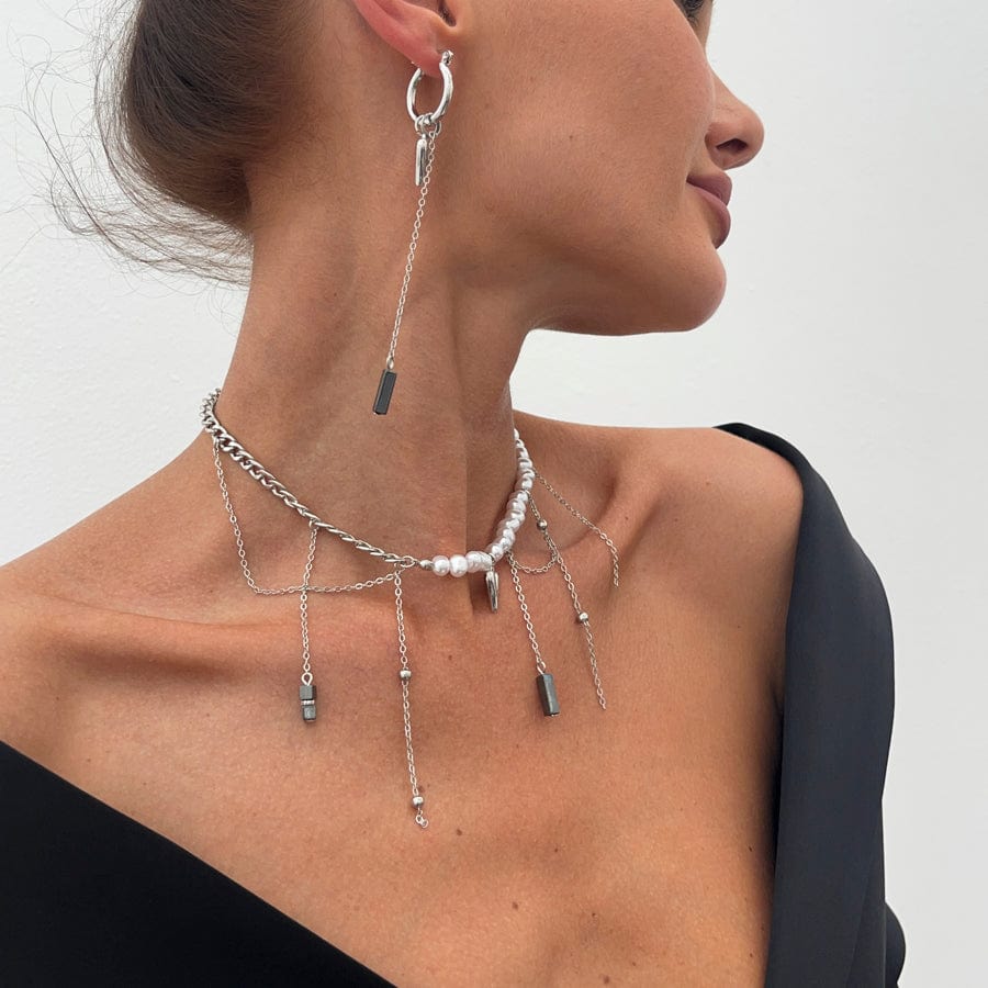 Trendy Heart Black Gallstone Tassel Pearl Curb Chain Necklace Earrings Set - ArtGalleryZen