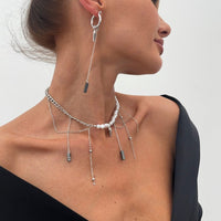 Thumbnail for Trendy Heart Black Gallstone Tassel Pearl Curb Chain Necklace Earrings Set - ArtGalleryZen