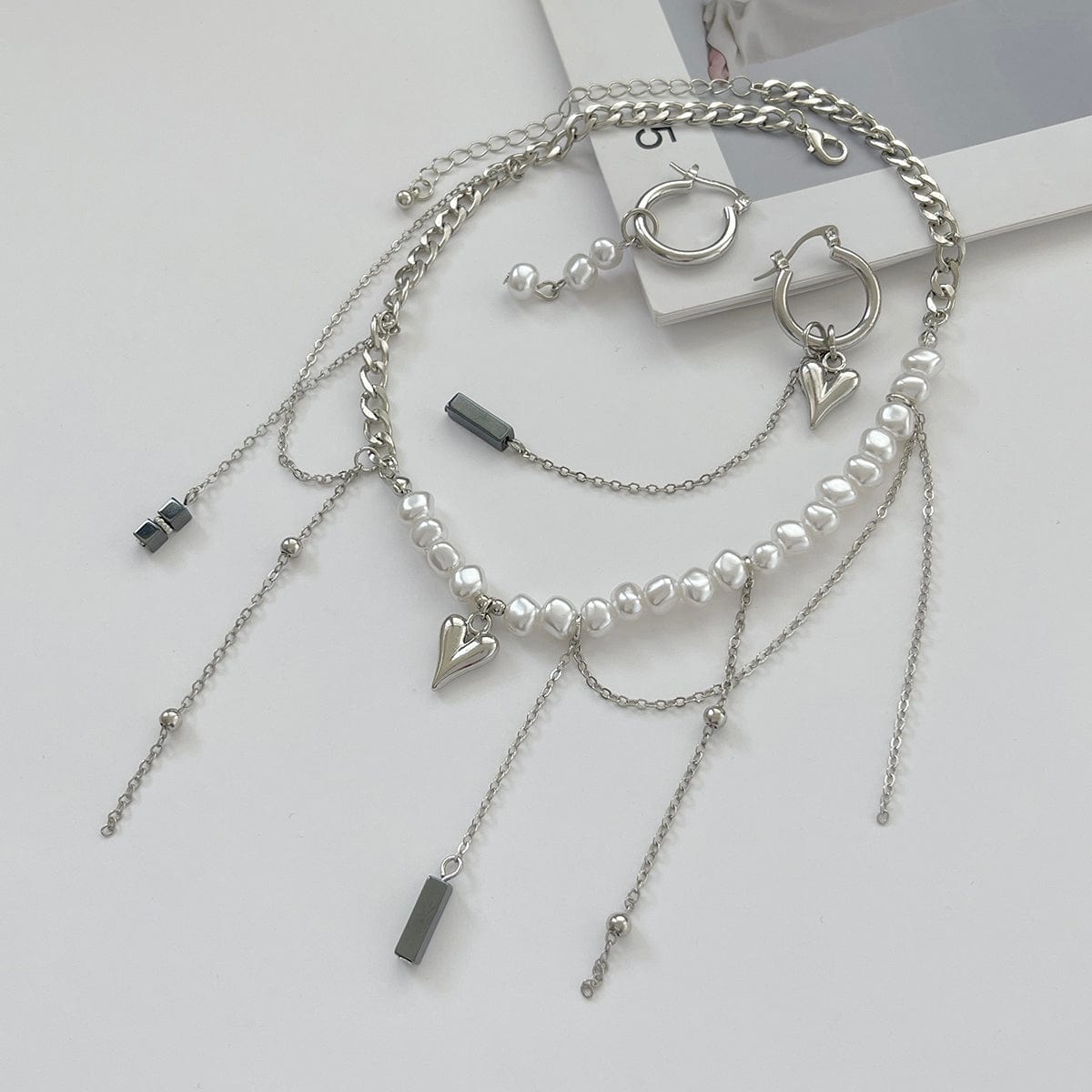 Trendy Heart Black Gallstone Tassel Pearl Curb Chain Necklace Earrings Set - ArtGalleryZen