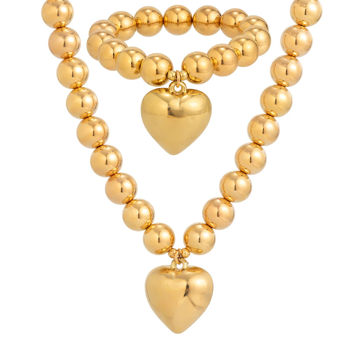 Trendy Heart Pendant Ball Chain Bracelet Necklace Set - ArtGalleryZen