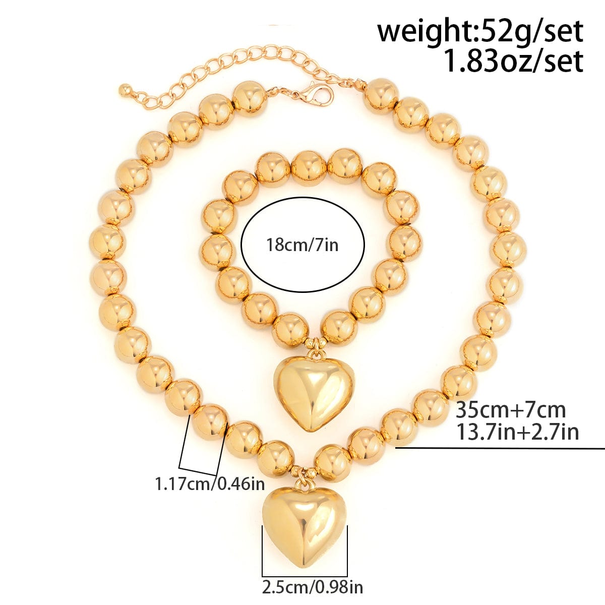 Trendy Heart Pendant Ball Chain Bracelet Necklace Set - ArtGalleryZen