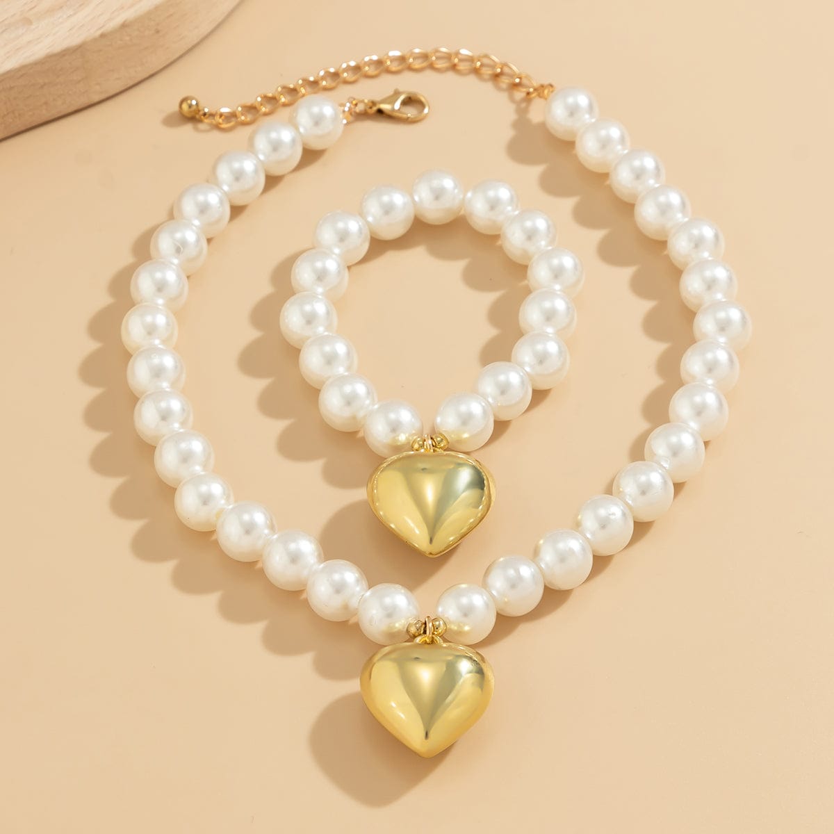 Trendy Heart Pendant Pearl Chain Bracelet Necklace Set - ArtGalleryZen