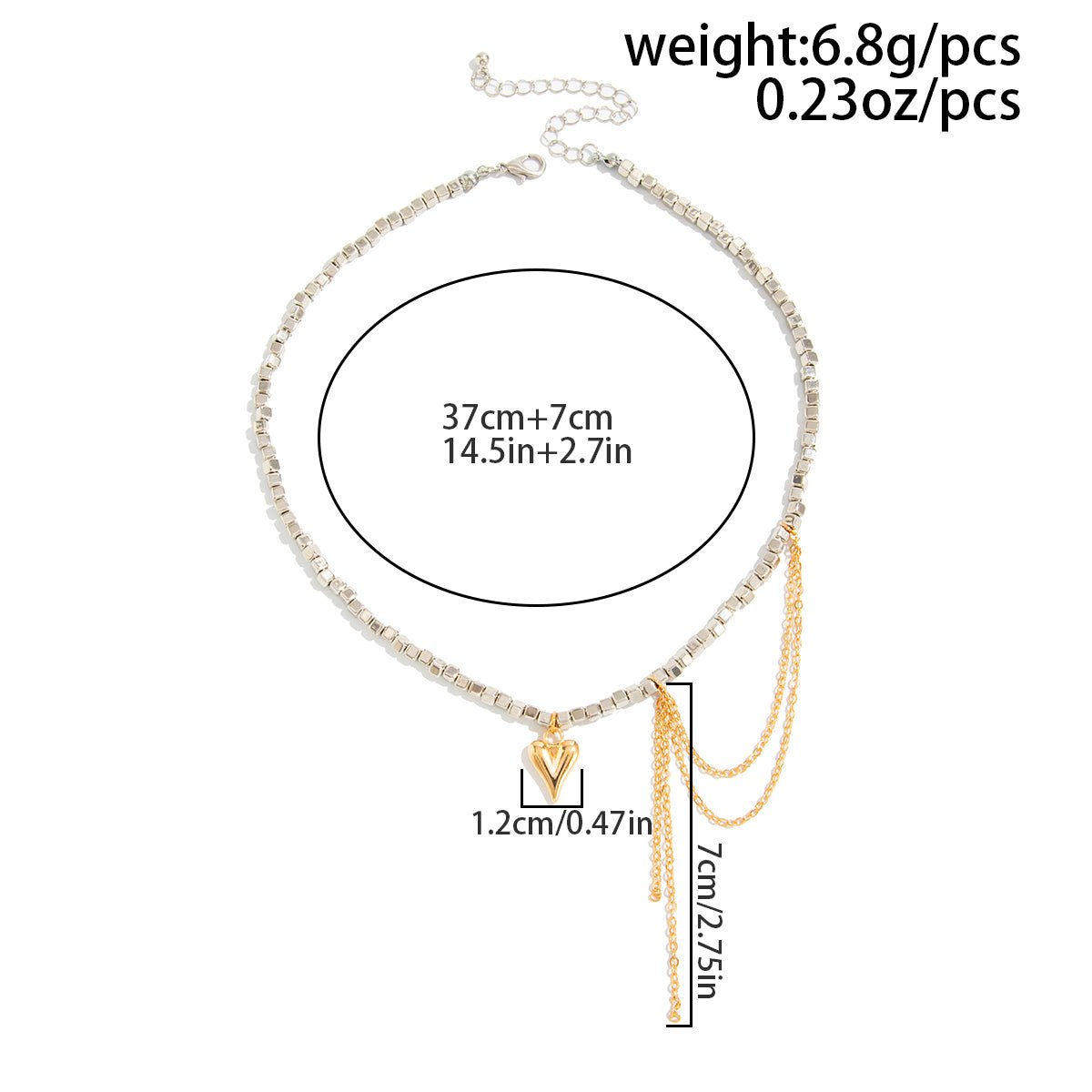 Trendy Heart Pendant Square Beaded Chain Tassel Necklace - ArtGalleryZen