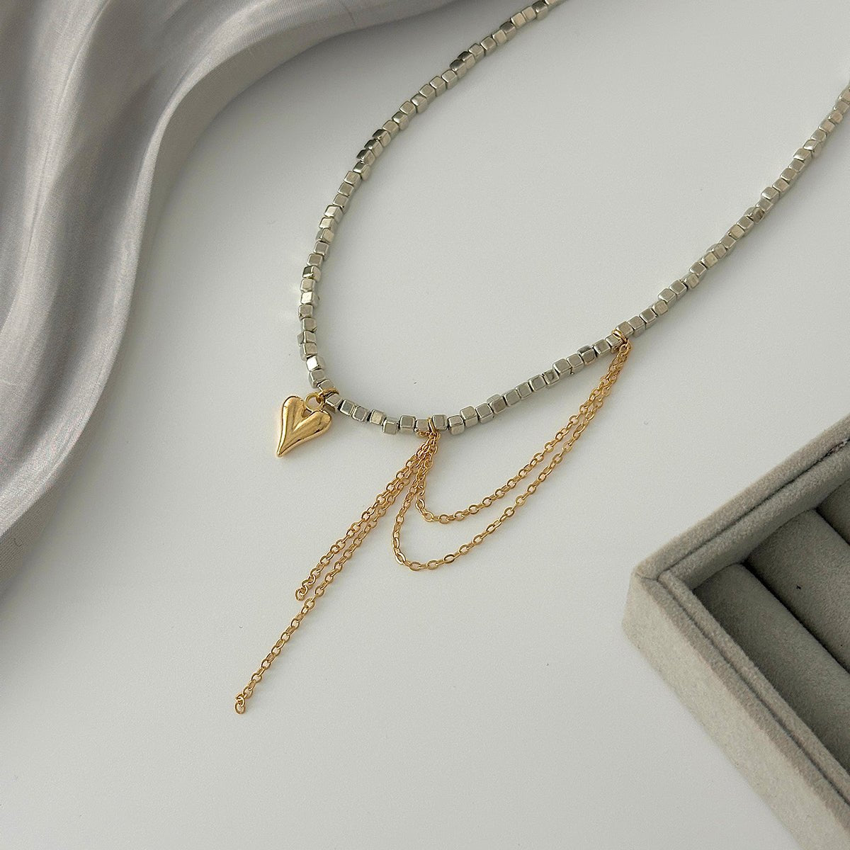 Trendy Heart Pendant Square Beaded Chain Tassel Necklace - ArtGalleryZen