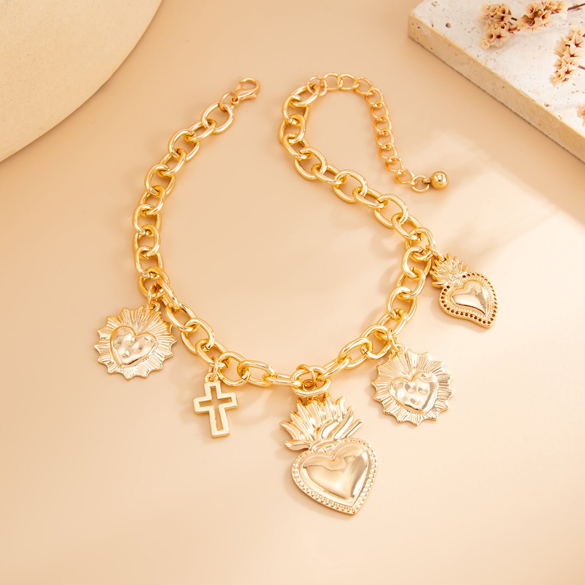 Trendy Hollow Cross Flame Heart Charm Anklet - ArtGalleryZen