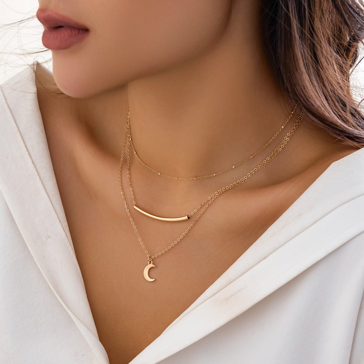 Trendy Layered Curved Bar Moon Pendant Cable Chain Necklace Set - ArtGalleryZen