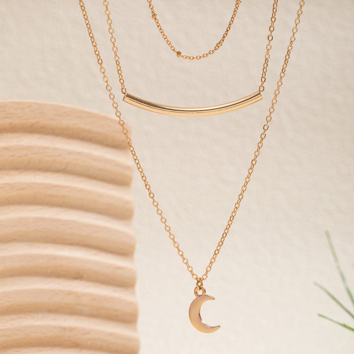 Trendy Layered Curved Bar Moon Pendant Cable Chain Necklace Set - ArtGalleryZen