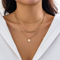 Thumbnail for Trendy Layered Curved Bar Round Disk Pendant Cable Chain Necklace Set - ArtGalleryZen