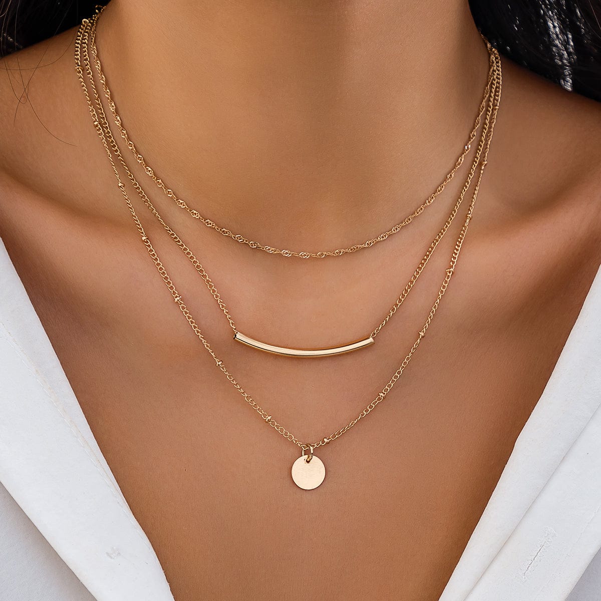 Trendy Layered Curved Bar Round Disk Pendant Cable Chain Necklace Set - ArtGalleryZen