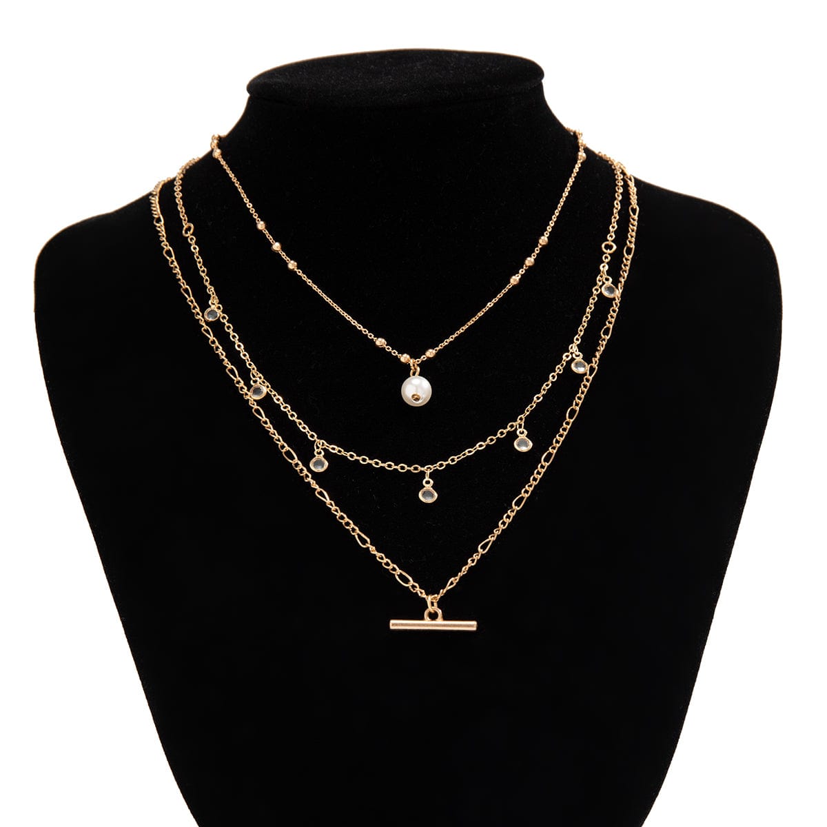 Trendy Layered CZ Tassel Bar Pearl Pendant Cable Chain Necklace Set - ArtGalleryZen