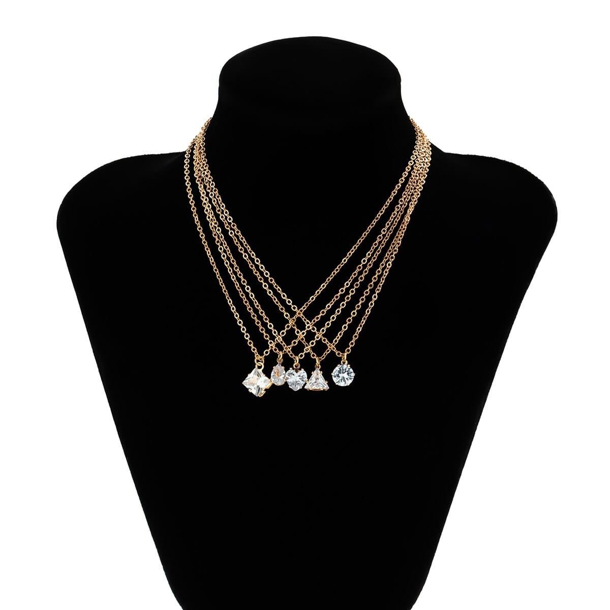 Trendy Layered Geometric Crystal Pendant Cable Chain Necklace Set - ArtGalleryZen