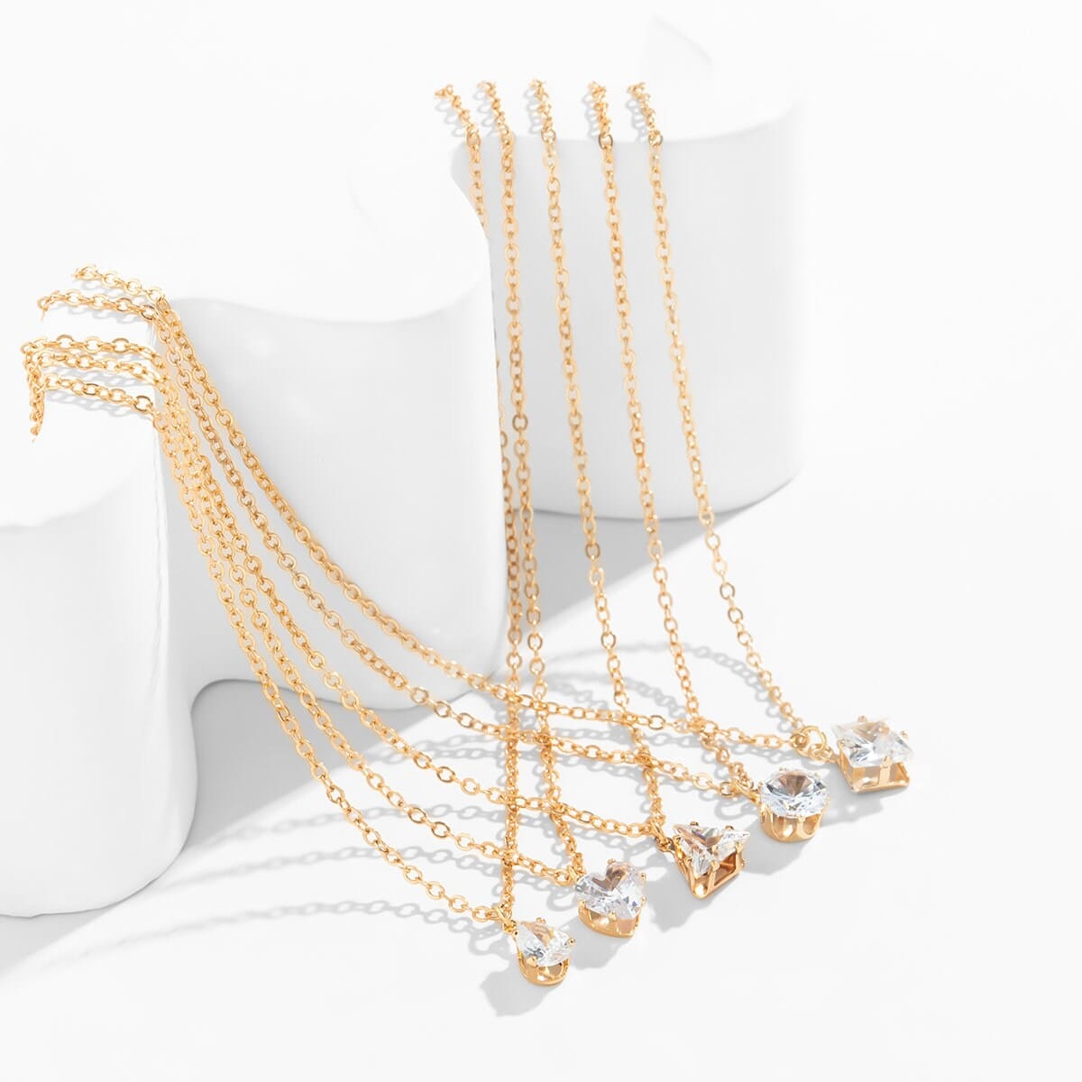 Trendy Layered Geometric Crystal Pendant Cable Chain Necklace Set - ArtGalleryZen
