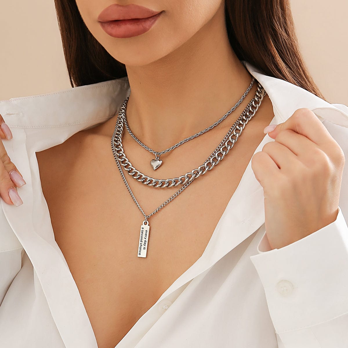 Trendy Layered Metal Bar Heart Pendant Necklace Set - ArtGalleryZen