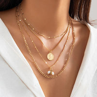 Thumbnail for Trendy Layered Pattern Round Disk Pearl Pendant Curb Chain Necklace Set - ArtGalleryZen