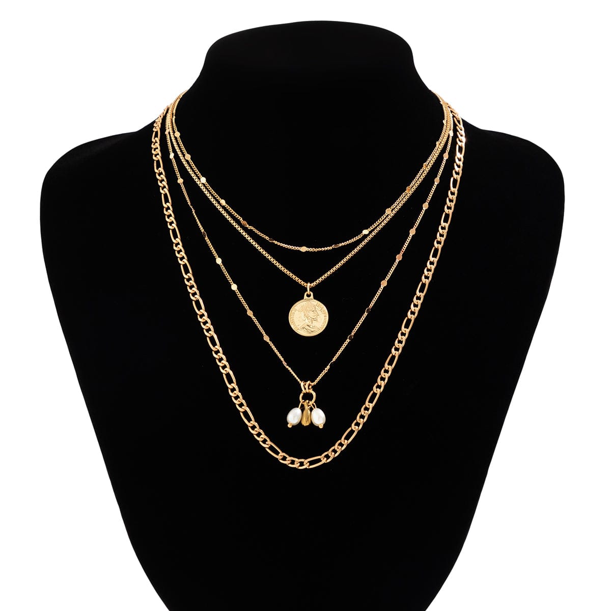 Trendy Layered Pattern Round Disk Pearl Pendant Curb Chain Necklace Set - ArtGalleryZen