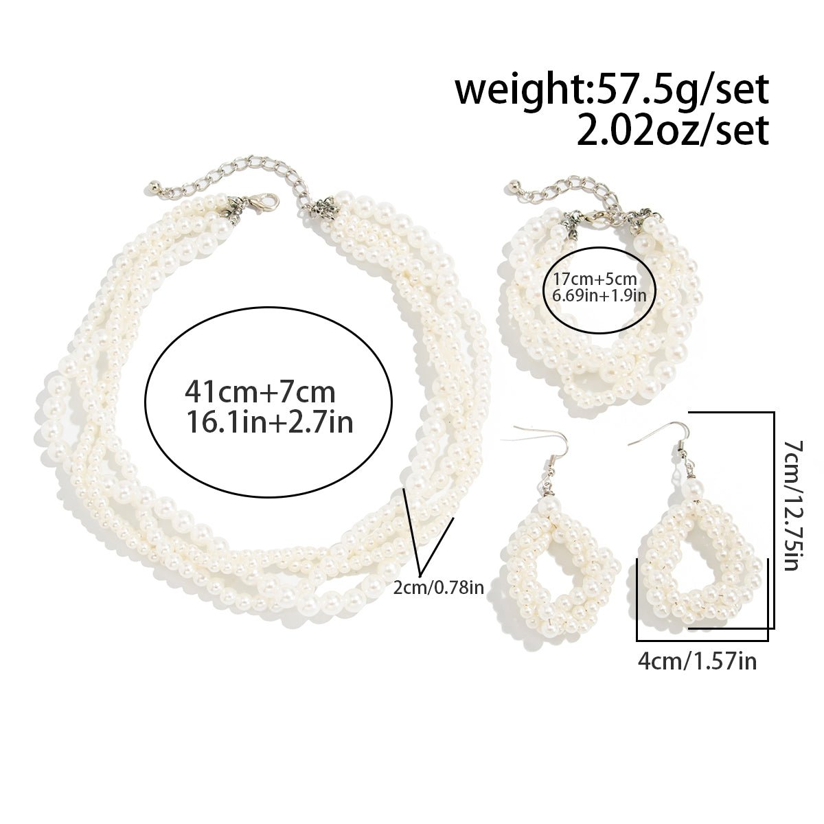 Trendy Layered Pearl Chain Necklace Bracelet Earrings Set - ArtGalleryZen