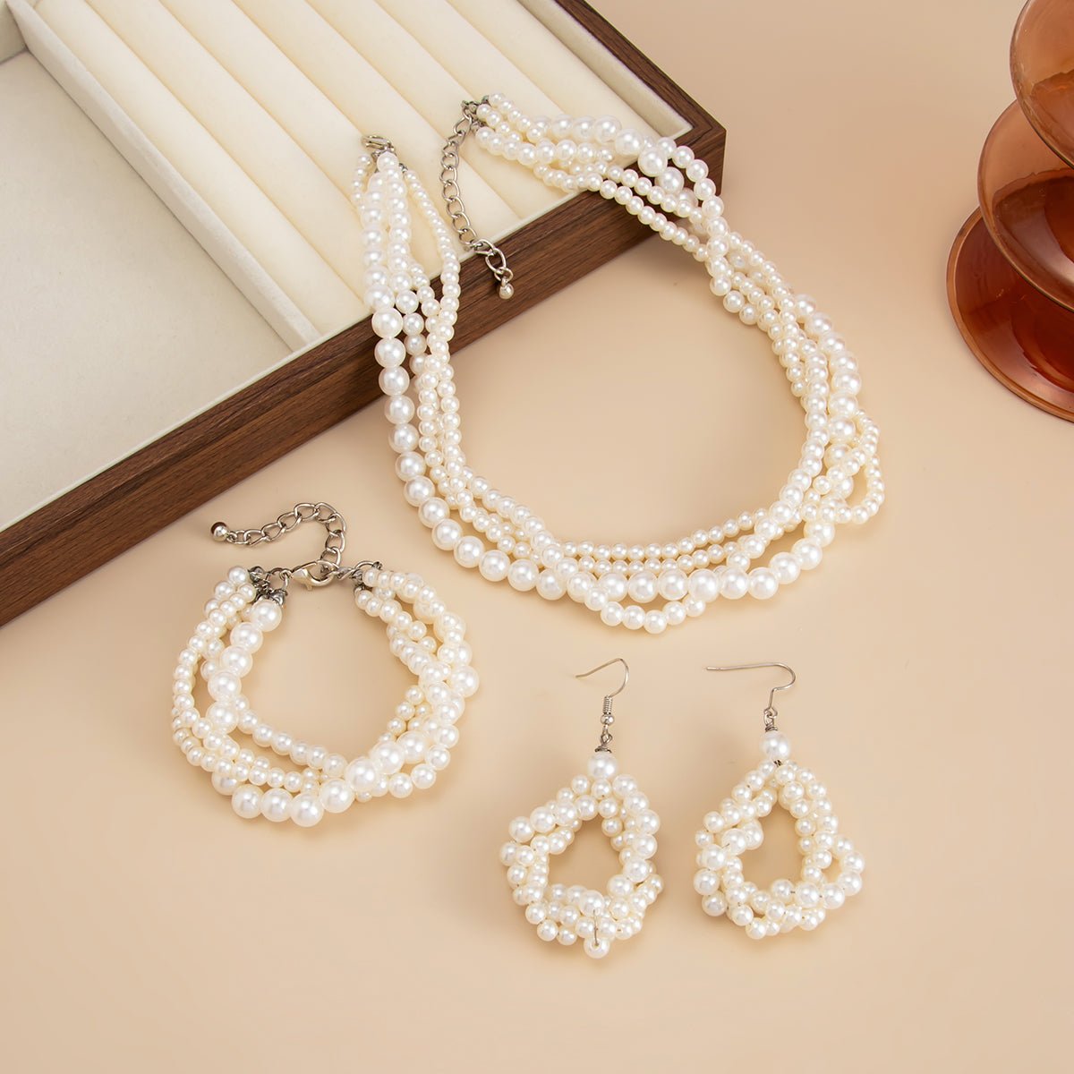 Trendy Layered Pearl Chain Necklace Bracelet Earrings Set - ArtGalleryZen