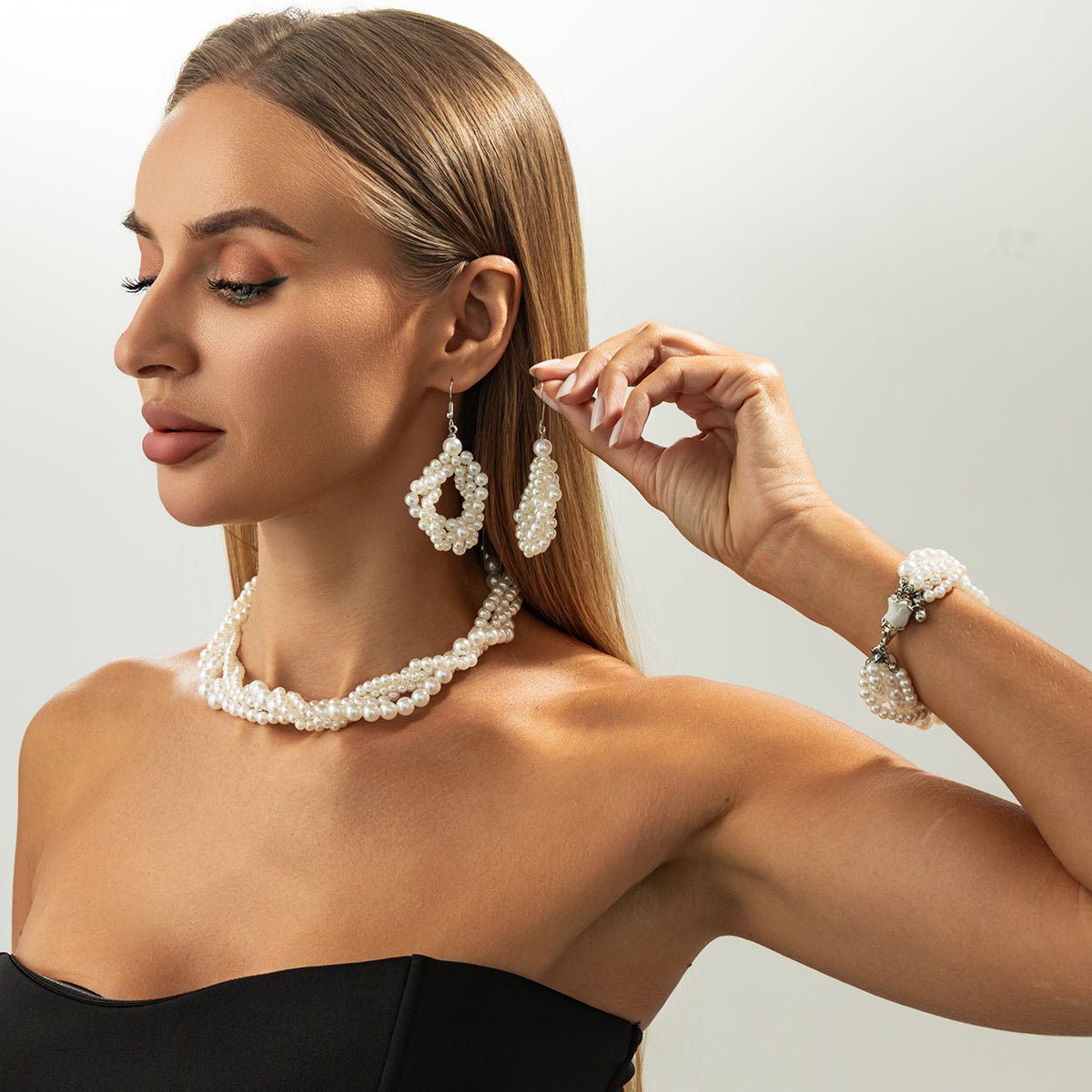 Trendy Layered Pearl Chain Necklace Bracelet Earrings Set - ArtGalleryZen