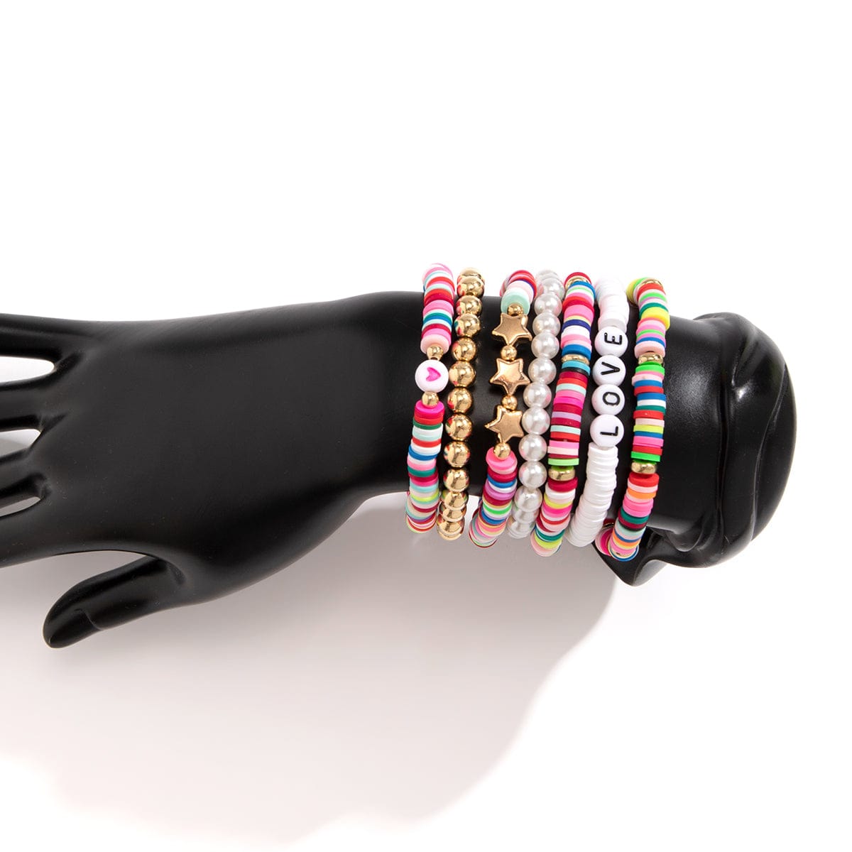 Trendy Layered Polymer Clay Star Love Pearl Chain Stackable Bracelet Set - ArtGalleryZen