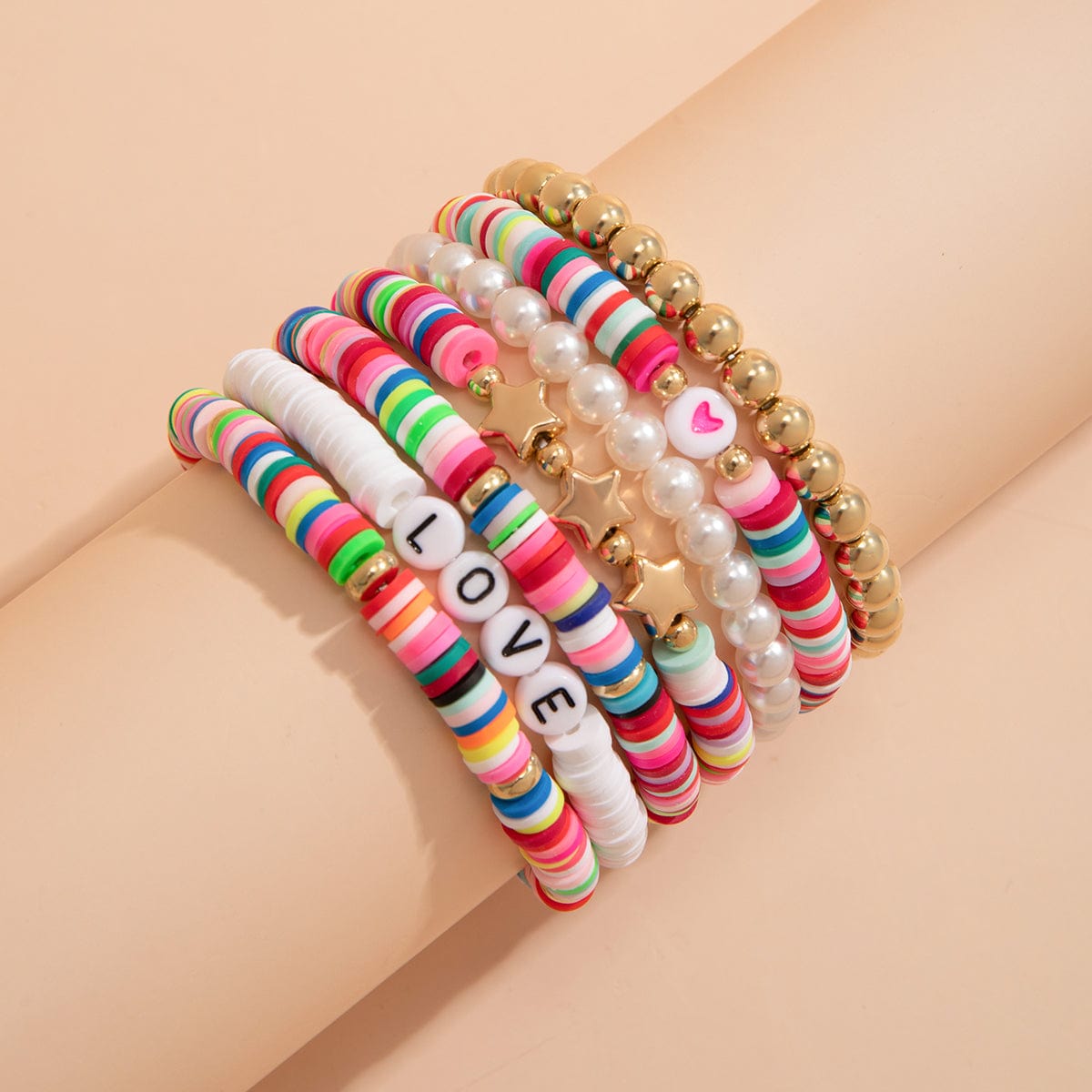 Trendy Layered Polymer Clay Star Love Pearl Chain Stackable Bracelet Set - ArtGalleryZen