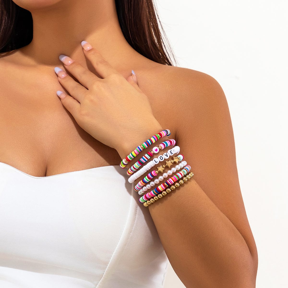 Trendy Layered Polymer Clay Star Love Pearl Chain Stackable Bracelet Set - ArtGalleryZen