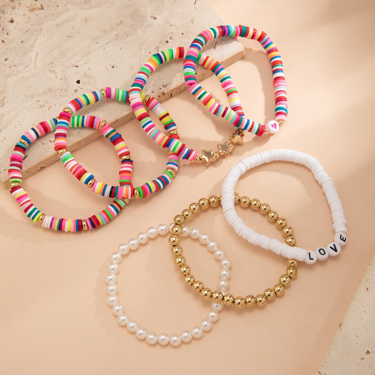 Trendy Layered Polymer Clay Star Love Pearl Chain Stackable Bracelet Set - ArtGalleryZen