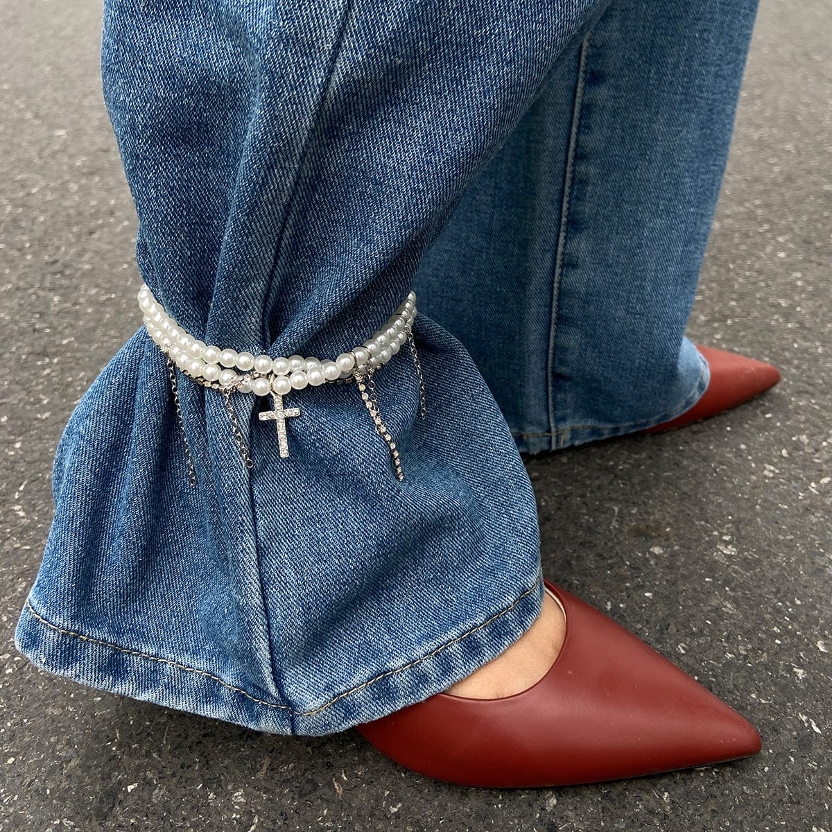 Trendy Layered Rhinestone Inlaid Cross Tassel Pearl Chain Anklet - ArtGalleryZen